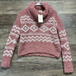 Hippie Rose Pink Cowl Neck Sweater with Plush Texture and Geometric Patterns